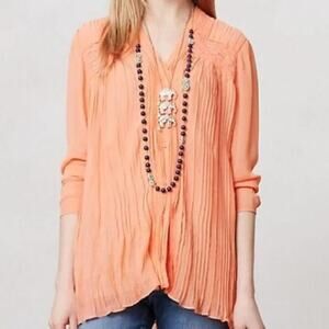 Anthropologie Santari Pleated Button Down embroidered peach Blouse size‎ medium